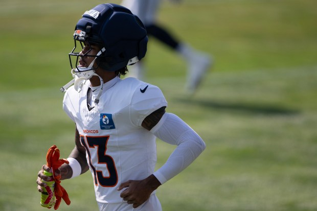 Wide receiver Pat Bryant (13) of the Denver Broncos runs on the field during practice on Friday, August. 7, 2026, at Broncos Park in Centennial, Colo.(Photo by Timothy Hurst/The Denver Post)