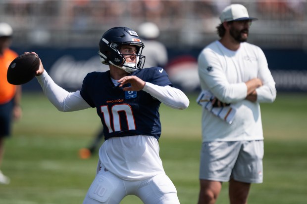 Quarterback Bo Nix (10) of the Denver Broncos throws during practice on Friday, August. 7, 2026, at Broncos Park in Centennial, Colo.(Photo by Timothy Hurst/The Denver Post)