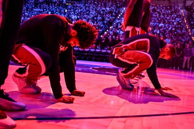 Jamal Murray (27) and Nikola Jokic (15) of the Denver Nuggets stretch before Game 6 of their NBA Playoffs series against the Minnesota Timberwolves at the Target Center in Minneapolis, Minnesota on Thursday, April 30, 2026. (Photo by AAron Ontiveroz/The Denver Post)
