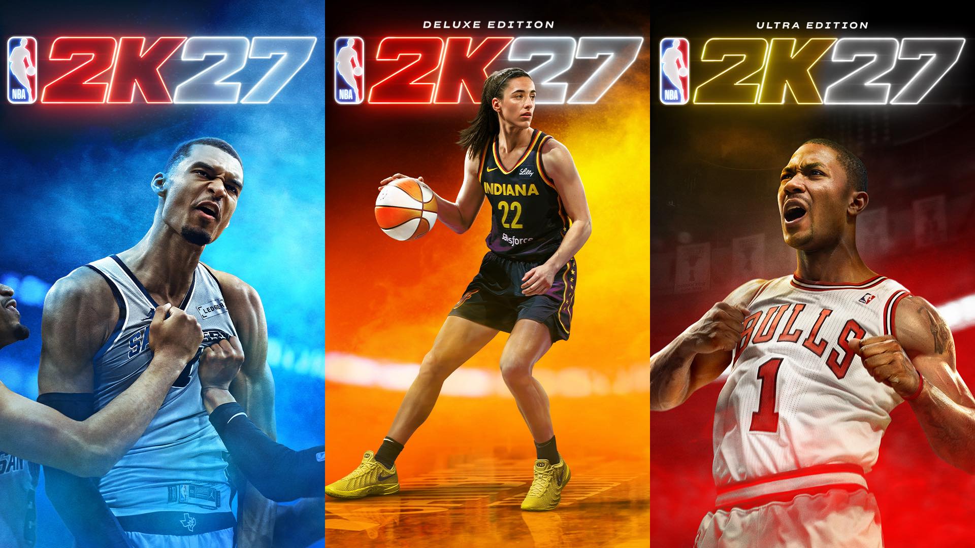 Victor Wembanyama, San Antonio Spurs, Caitlin Clark, Indiana Fever, Chicago Bulls, Derrick Rose, NBA 2K27 Cover Art