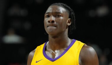 Adou Thiero #1 of the Los Angeles Lakers looks on against the Dallas Mavericks. Copyright 2026 NBAE (Photo by Candice Ward/NBAE via Getty Images)