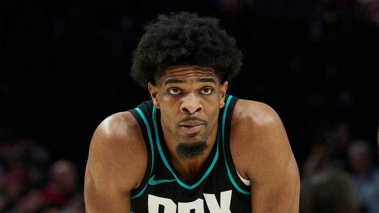 Apr 12, 2026; Portland, Oregon, USA; Portland Trail Blazers guard Scoot Henderson (00) waits during a break in action during the second half against the Sacramento Kings at Moda Center. Mandatory Credit: Troy Wayrynen-Imagn Images