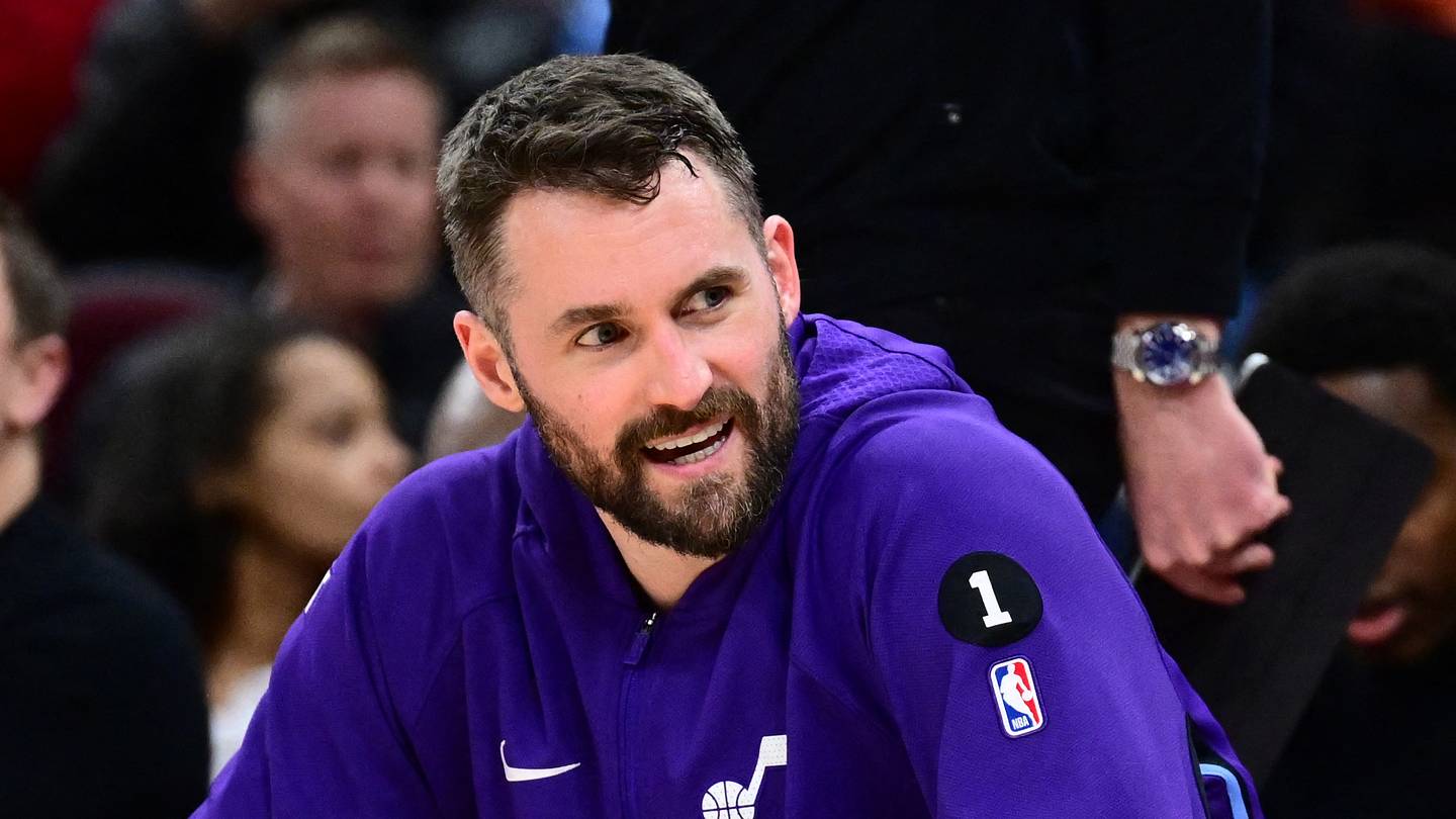 Jan 12, 2026; Cleveland, Ohio, USA; Utah Jazz forward Kevin Love (42) reacts against the Cleveland Cavaliers during the second half at Rocket Arena. Mandatory Credit: Ken Blaze-Imagn Images