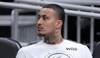 Milwaukee Bucks forward Kyle Kuzma (18) waits to take the floor for pregame warmups before a game against Memphis Grizzlies at Fiserv Forum on April 5, 2026.