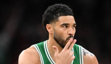 Apr 21, 2026; Boston, Massachusetts, USA; Boston Celtics forward Jayson Tatum (0) reacts after making a three-point basket against the Philadelphia 76ers in the first half of a game two of the first round of the 2026 NBA Playoffs at TD Garden. Mandatory Credit: Brian Fluharty-Imagn Images