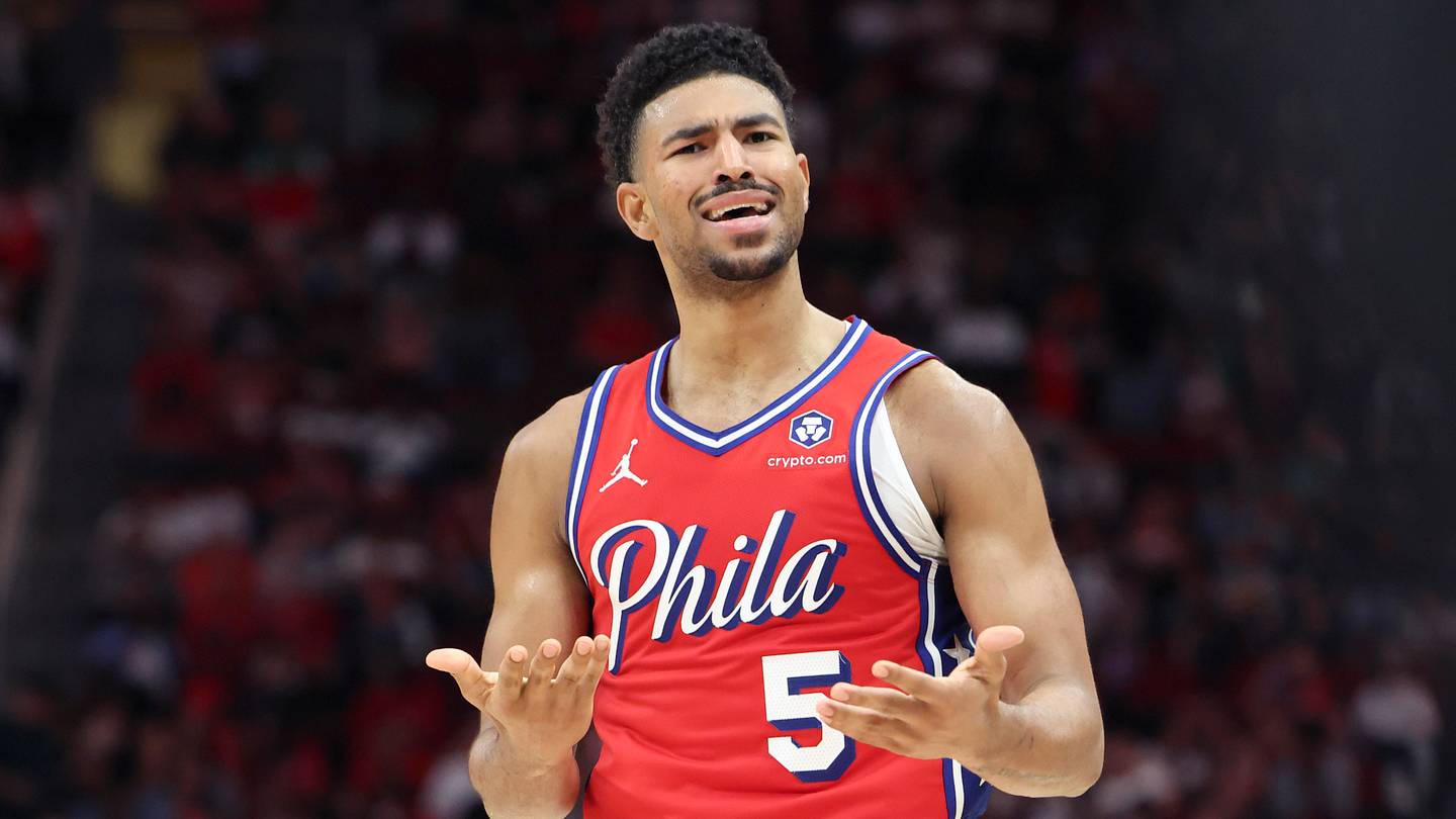 Mar 17, 2025; Houston, Texas, USA; Philadelphia 76ers guard Quentin Grimes (5) reacts after a play during the third quarter against the Houston Rockets at Toyota Center. Mandatory Credit: Troy Taormina-Imagn Images