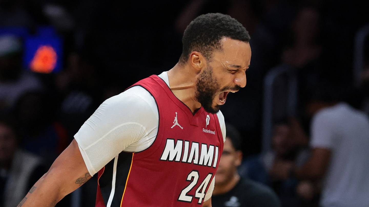 Jan 13, 2026; Miami, Florida, USA; Miami Heat guard Norman Powell (24) reacts against the Phoenix Suns during the third quarter at Kaseya Center. Mandatory Credit: Sam Navarro-Imagn Images