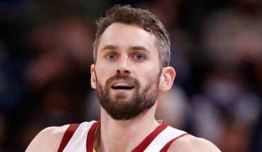 Jan 12, 2022; Salt Lake City, Utah, USA; Cleveland Cavaliers forward Kevin Love (0) reacts after a basket in the third quarter against the Utah Jazz at Vivint Arena. Mandatory Credit: Jeffrey Swinger-USA TODAY Sports