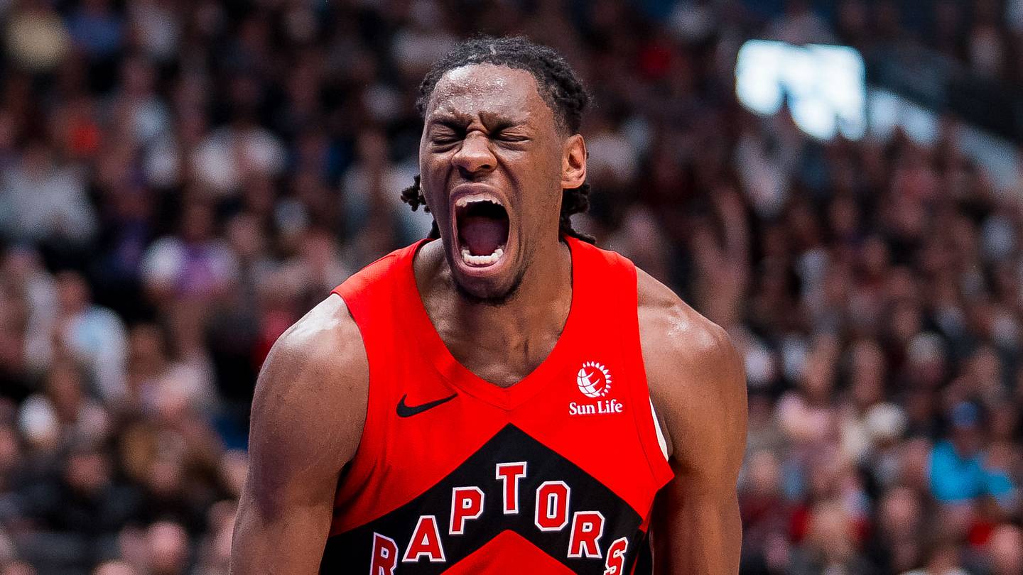 Oct 6, 2025; Vancouver, British Columbia, CAN; Toronto Raptors forward Jonathan Mogbo (2) reacts after dunking against the Denver Nuggets in the first half at Rogers Arena. Mandatory Credit: Bob Frid-Imagn Images