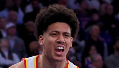 Mar 30, 2026; Atlanta, Georgia, USA; Atlanta Hawks forward Jalen Johnson (1) controls the ball against the Boston Celtics in the second half at State Farm Arena. Mandatory Credit: Mady Mertens-Imagn Images