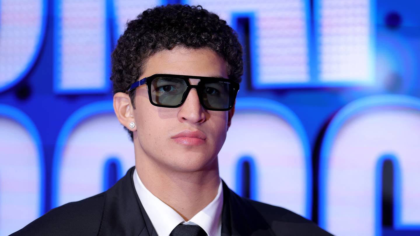 Jun 23, 2026; New York, NY, USA; Draft prospect Karim Lopez poses for photos on the red carpet before the 2026 NBA draft at Barclays Center. Mandatory Credit: Brad Penner-Imagn Images