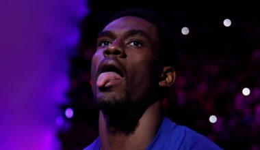 May 17, 2026; Detroit, Michigan, USA; Detroit Pistons center Jalen Duren (0) reacts before game seven of the second round of the 2026 NBA Playoffs against the Cleveland Cavaliers at Little Caesars Arena. Mandatory Credit: Rick Osentoski-Imagn Images