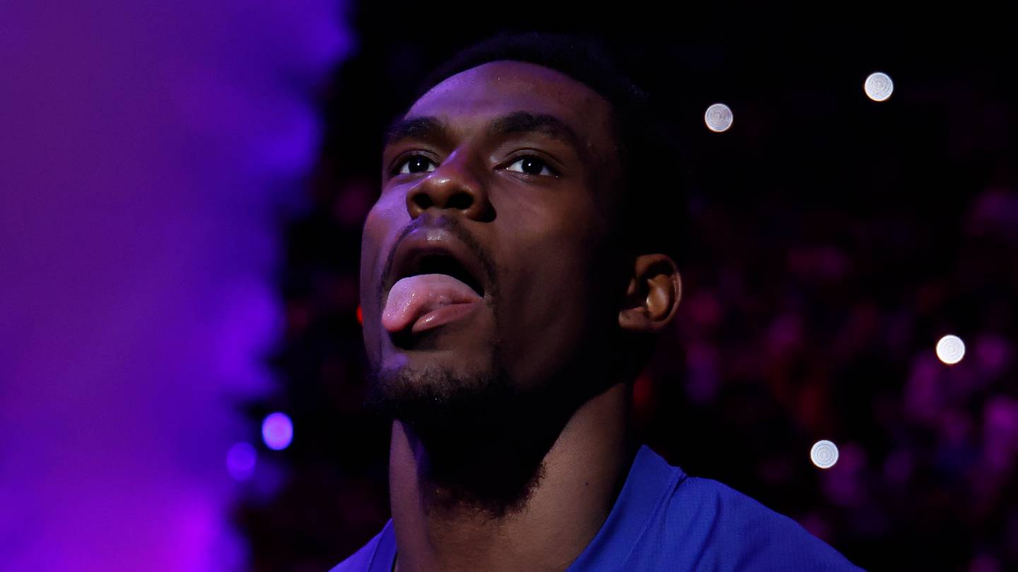 May 17, 2026; Detroit, Michigan, USA; Detroit Pistons center Jalen Duren (0) reacts before game seven of the second round of the 2026 NBA Playoffs against the Cleveland Cavaliers at Little Caesars Arena. Mandatory Credit: Rick Osentoski-Imagn Images