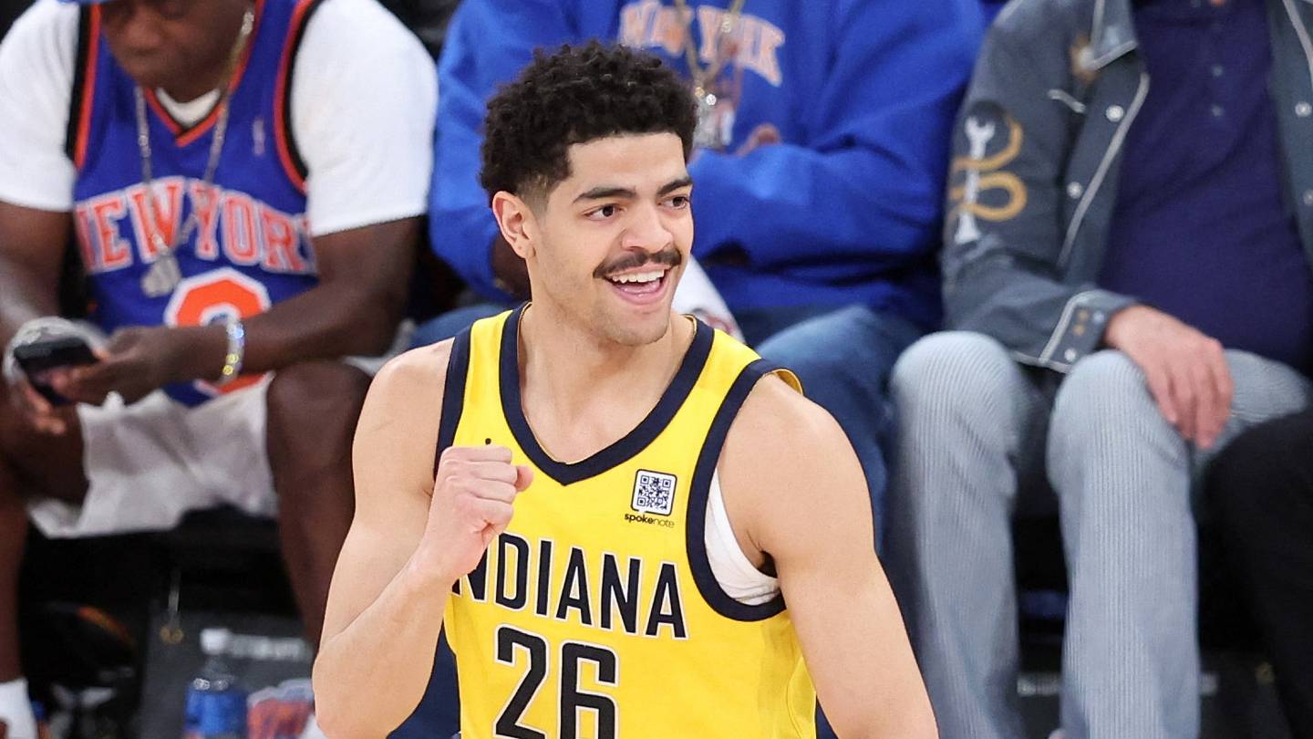 May 23, 2025; New York, New York, USA; Indiana Pacers guard Ben Sheppard (26) reacts in the fourth quarter against the New York Knicks during game two of the eastern conference finals for the 2025 NBA Playoffs at Madison Square Garden. Mandatory Credit: Wendell Cruz-Imagn Images