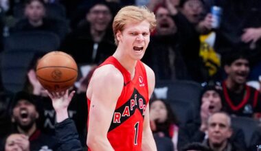 Feb 8, 2026; Toronto, Ontario, CAN;  Toronto Raptors guard Gradey Dick (1) celebrates after scoring against the Indiana Pacers during the second half at Scotiabank Arena. Mandatory Credit: Kevin Sousa-Imagn Images