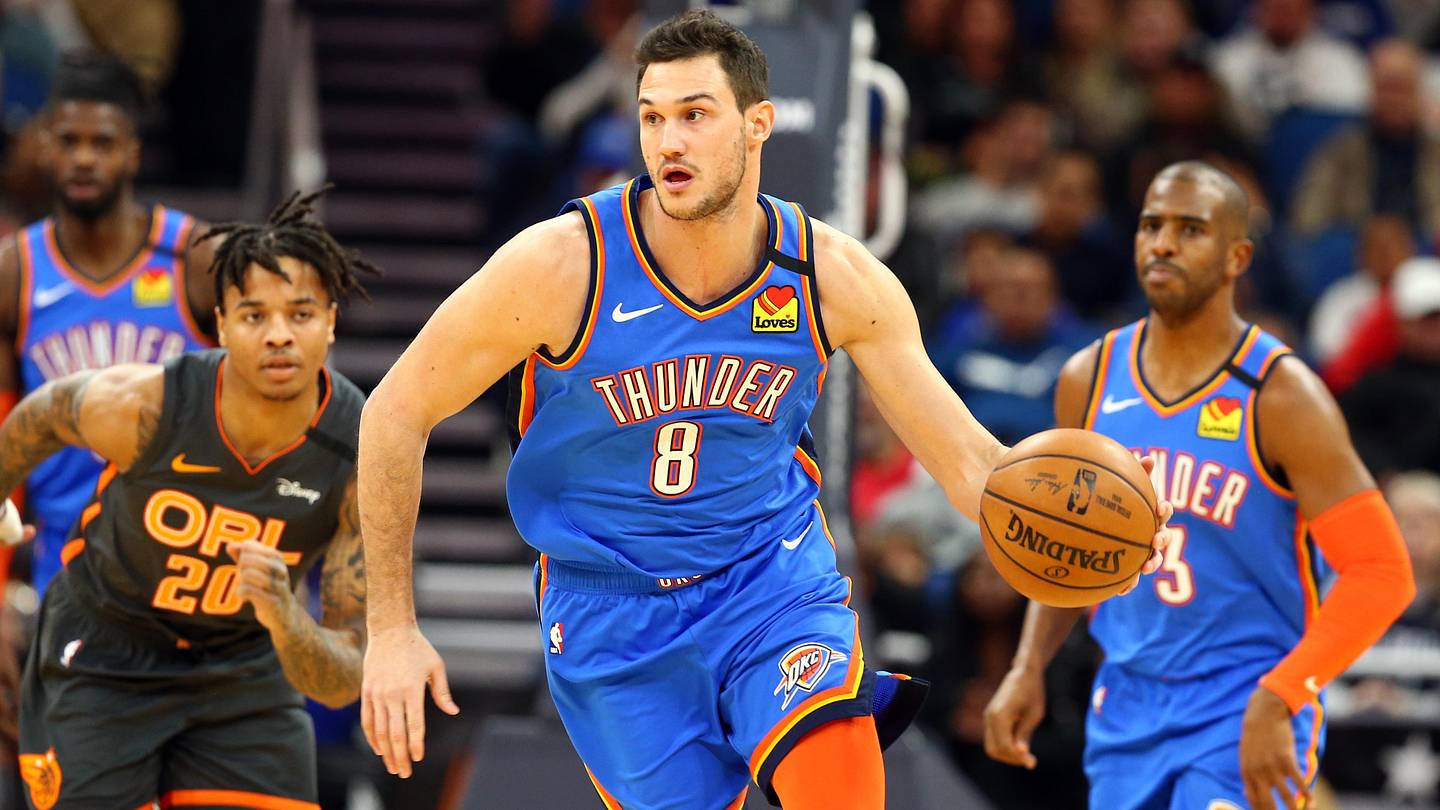 Jan 22, 2020; Orlando, Florida, USA; Oklahoma City Thunder forward Danilo Gallinari (8) drives to the basket against the Orlando Magic during the first quarter at Amway Center. Mandatory Credit: Kim Klement-USA TODAY Sports