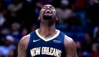 Jan 17, 2025; New Orleans, Louisiana, USA; New Orleans Pelicans forward Zion Williamson (1) reacts to dunking the ball through the arm of Utah Jazz forward Drew Eubanks (15) during the second half at Smoothie King Center. Mandatory Credit: Stephen Lew-Imagn Images