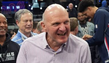 Jan 5, 2026; Inglewood, California, USA; LA Clippers owner Steve Ballmer reacts after the game against the Golden State Warriors at Intuit Dome. Mandatory Credit: Kirby Lee-Imagn Images