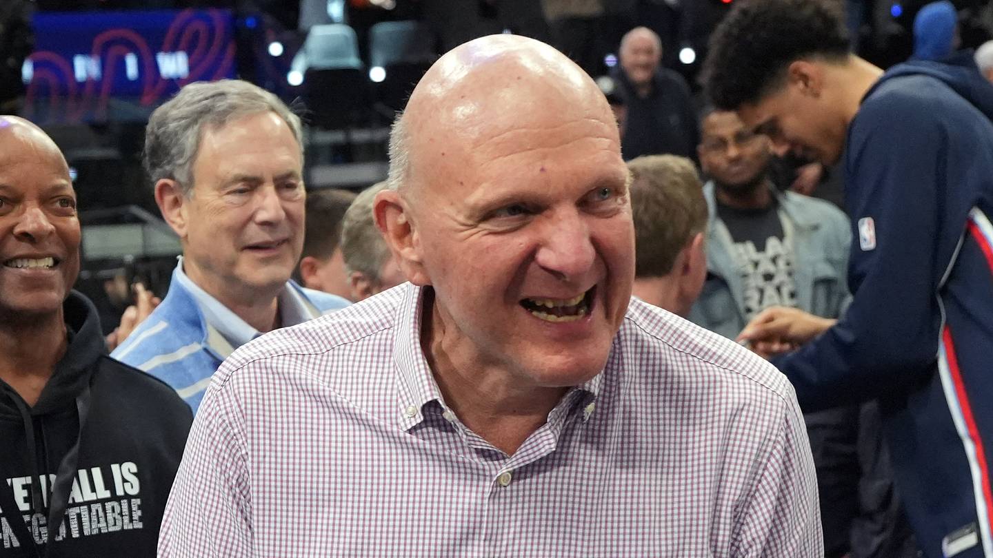 Jan 5, 2026; Inglewood, California, USA; LA Clippers owner Steve Ballmer reacts after the game against the Golden State Warriors at Intuit Dome. Mandatory Credit: Kirby Lee-Imagn Images