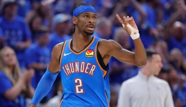 May 30, 2026; Oklahoma City, Oklahoma, USA; Oklahoma City Thunder guard Shai Gilgeous-Alexander (2) reacts in the second quarter against the San Antonio Spurs during game seven of the western conference finals for the 2026 NBA playoffs at Paycom Center. Mandatory Credit: Alonzo Adams-Imagn Images
