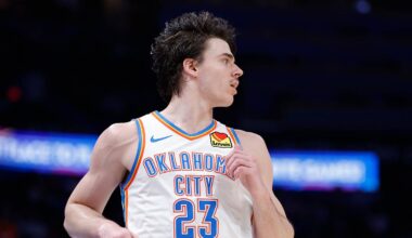 Apr 12, 2026; Oklahoma City, Oklahoma, USA; Oklahoma City Thunder forward Brooks Barnhizer (23) runs down the court against the Phoenix Suns during the second half at Paycom Center. Mandatory Credit: Alonzo Adams-Imagn Images
