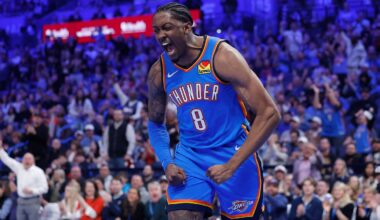 Dec 18, 2025; Oklahoma City, Oklahoma, USA; Oklahoma City Thunder guard Jalen Williams (8) screams and celebrates after dunking against the Los Angeles Clippers during the second quarter at Paycom Center. Mandatory Credit: Alonzo Adams-Imagn Images