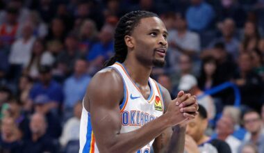 Mar 30, 2026; Oklahoma City, Oklahoma, USA; Oklahoma City Thunder guard Cason Wallace (22) reacts after a play against the Detroit Pistons during overtime at Paycom Center. Mandatory Credit: Alonzo Adams-Imagn Images