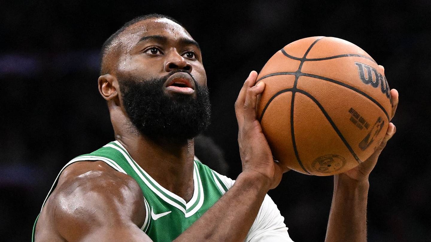 Apr 21, 2026; Boston, Massachusetts, USA; Boston Celtics guard Jaylen Brown (7) attempts a free throw against the Philadelphia 76ers in the second half of a game two of the first round of the 2026 NBA Playoffs at TD Garden. Mandatory Credit: Brian Fluharty-Imagn Images