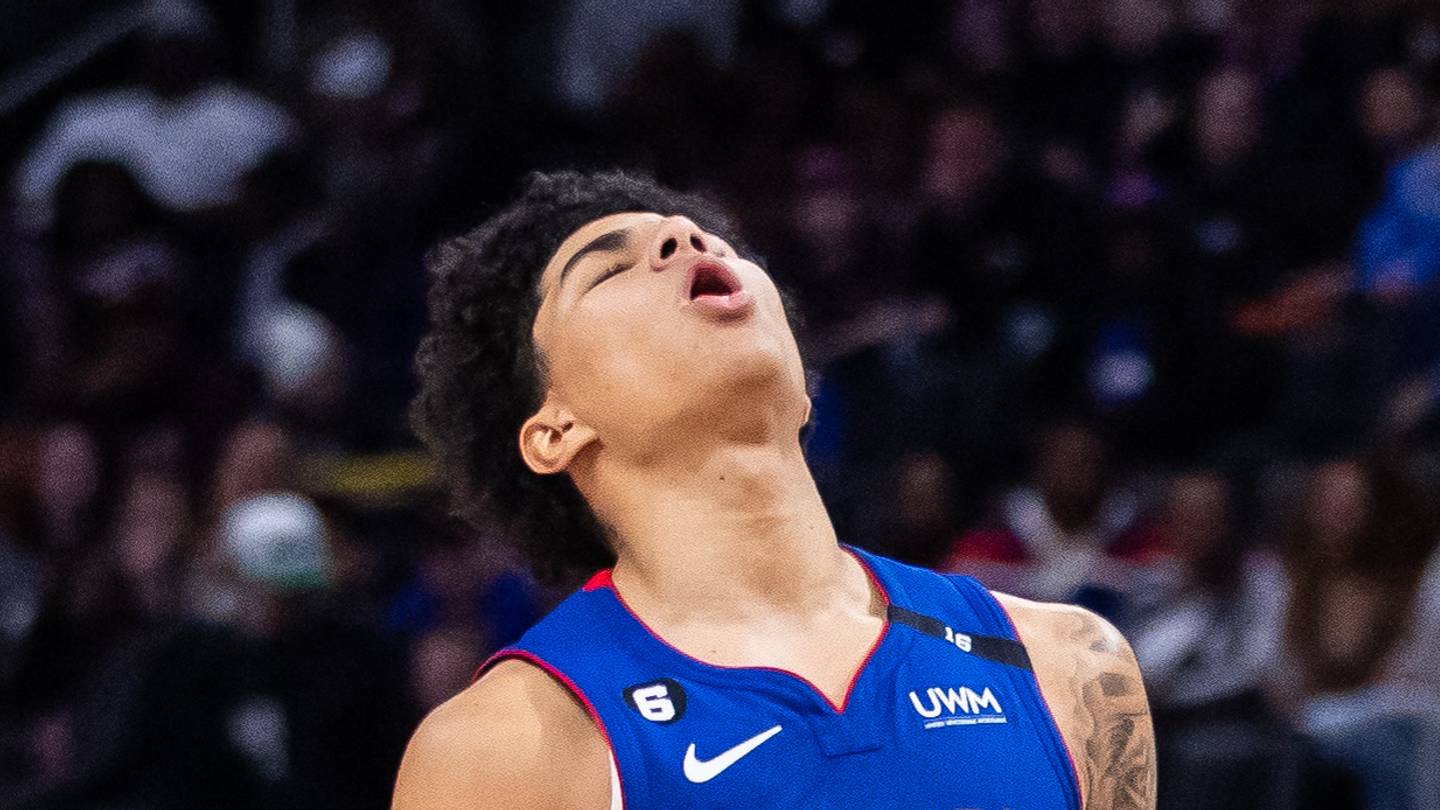 Detroit Pistons guard Killian Hayes (7) reacts after missing a shot against the Miami Heat in the second half of a game at Little Caesars Arena on Mar 19, 2023.