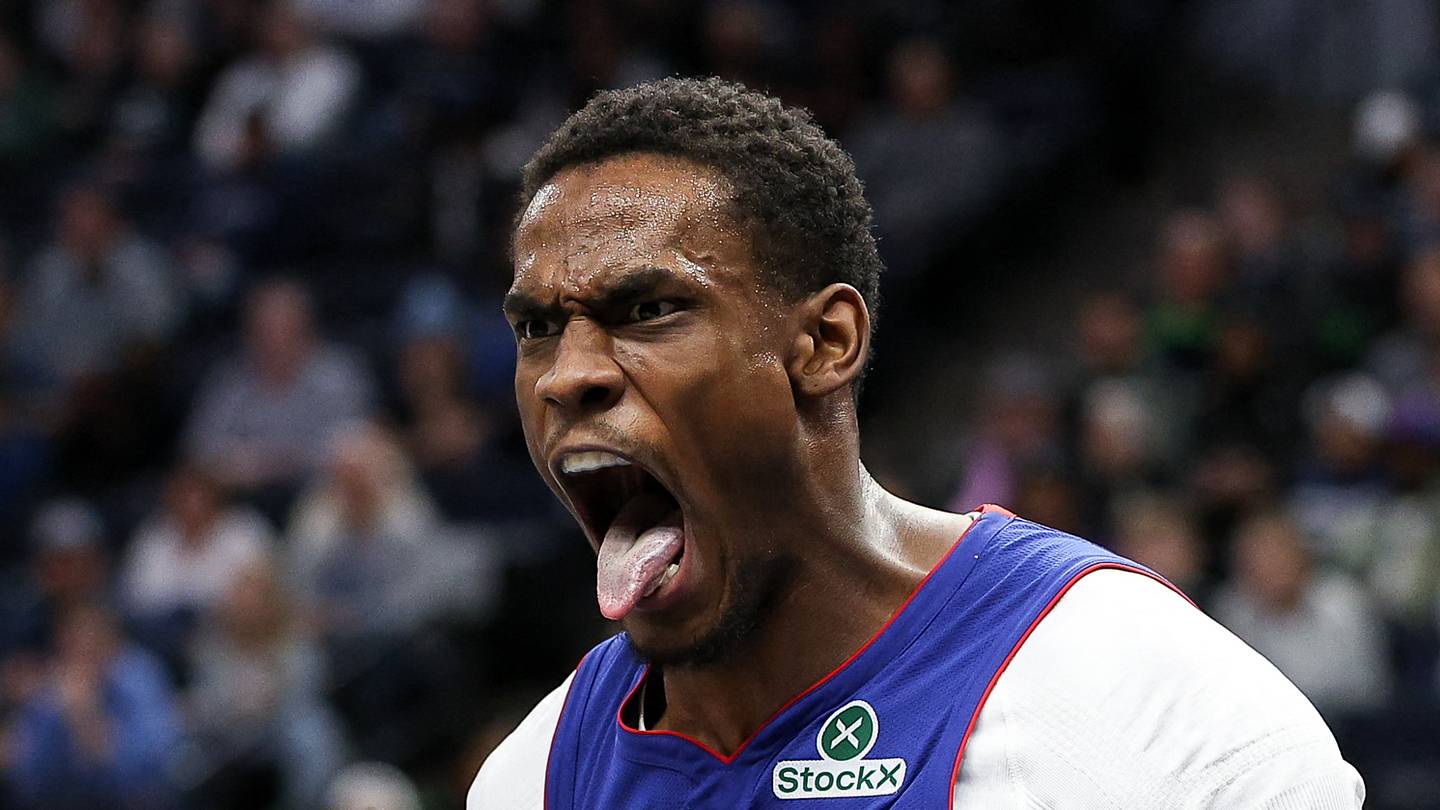 Detroit Pistons center Jalen Duren (0) celebrates his dunk against the Minnesota Timberwolves during the second quarter at Target Center on March 30, 2025.