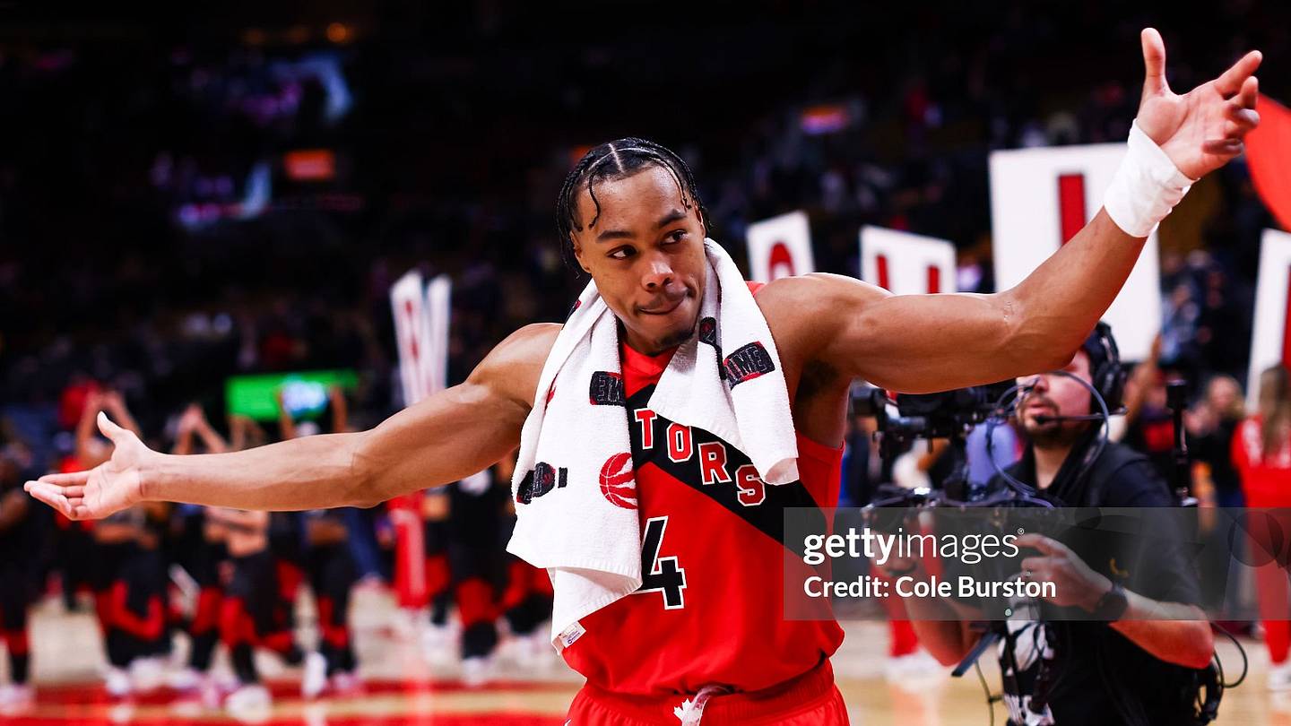 TORONTO, CANADA - JANUARY 11: Scottie Barnes #4 of the Toronto Raptors celebrates after their overtime NBA game win over the Philadelphia 76ers at Scotiabank Arena on January 11, 2026 in Toronto, Ontario, Canada. (Photo by Cole Burston/Getty Images)