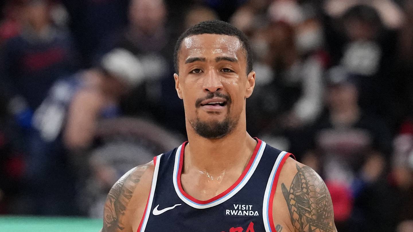Jan 5, 2026; Inglewood, California, USA; LA Clippers forward John Collins (20) reacts against the Golden State Warriors in the second half at Intuit Dome. Mandatory Credit: Kirby Lee-Imagn Images