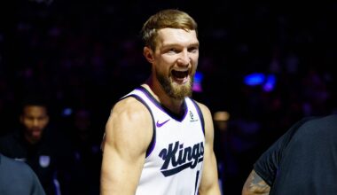 Oct 8, 2025; Sacramento, California, USA; Sacramento Kings forward/center Domantas Sabonis (11) is introduced during player introductions before the game against the Toronto Raptors at Golden 1 Center. Mandatory Credit: Sergio Estrada-Imagn Images