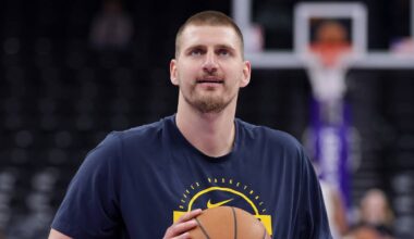 Apr 1, 2026; Salt Lake City, Utah, USA;  Denver Nuggets center Nikola Jokić (15) before the game against the Utah Jazz at Delta Center. Mandatory Credit: Chris Nicoll-Imagn Images
