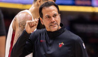 Miami Heat Head Coach Erik Spoelstra reacts (Mandatory Credit: Stephen Lew-Imagn Images)