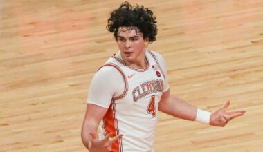 Clemson senior forward Ian Schieffelin (4) reacts (Mandatory Credit: Ken Ruinard-Imagn Images)