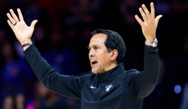 Miami Heat head coach Erik Spoelstra reacts (Mandatory Credit: Rhona Wise-Imagn Images)