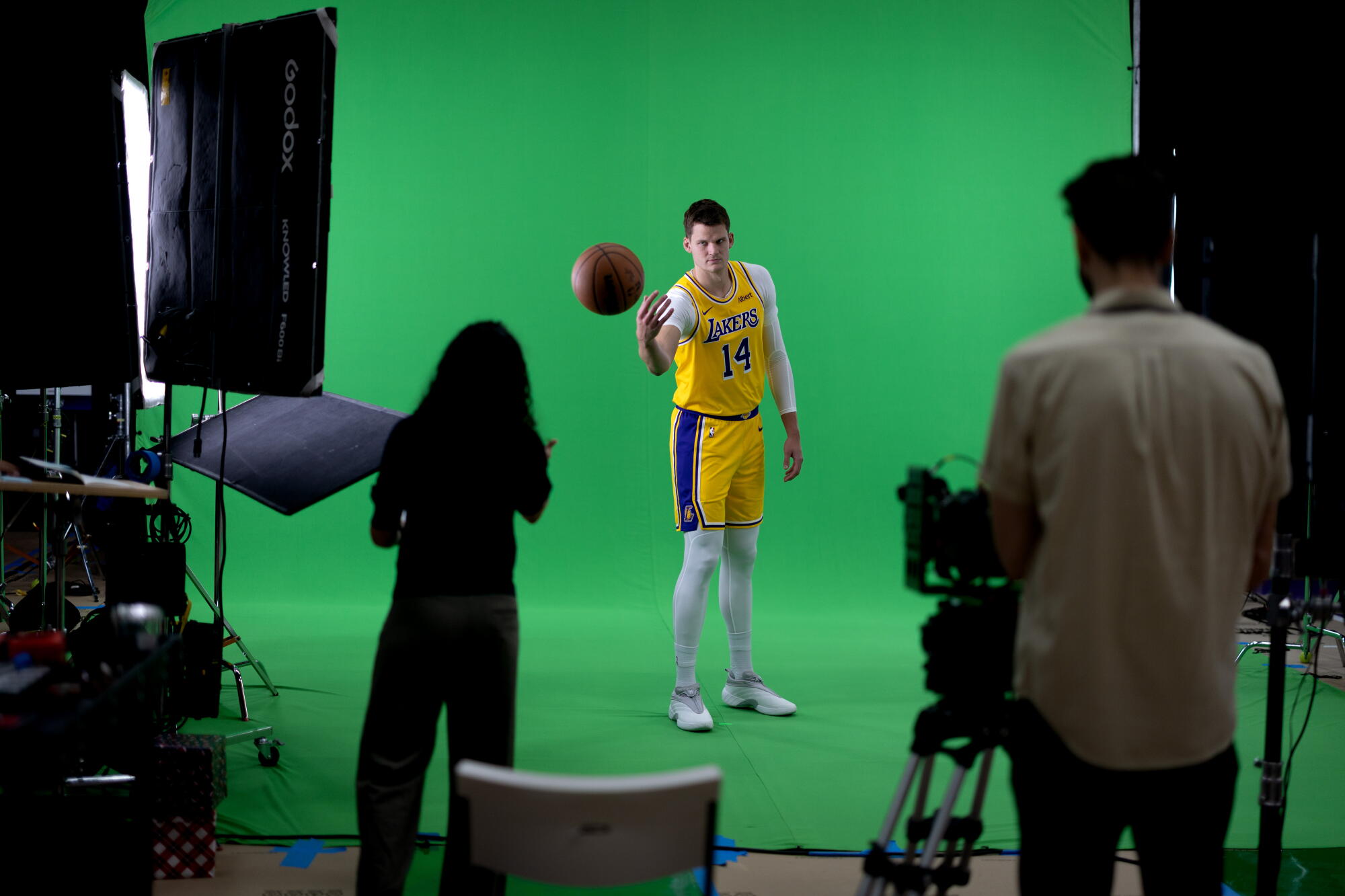Lakers center Walker Kessler participates in a video shoot during the team's media day in El Segundo on Monday.