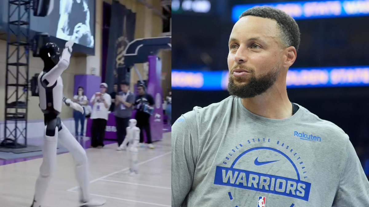 Stephen Curry is amazed as he shoots hoops alongside a robot but never forgets what truly matters in life