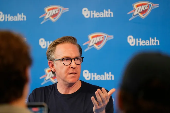 Sam Presti, Thunder General Manager, has his end-of-season media access, Monday, June 8, 2026.