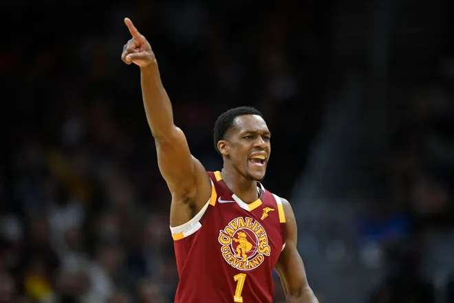 Apr 15, 2022; Cleveland, Ohio, USA; Cleveland Cavaliers guard Rajon Rondo (1) runs the offense in the fourth quarter against the Atlanta Hawks at Rocket Mortgage FieldHouse. Mandatory Credit: David Richard-USA TODAY Sports