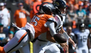 Denver Broncos linebacker Nik Bonitto (15) knocks the ball loose from the grasp of Jacksonville Jaguars quarterback Trevor Lawrence, right, in the first half of an NFL football game in Denver, Sunday, Sept. 20, 2026. (AP Photo/Eric Lutzens)