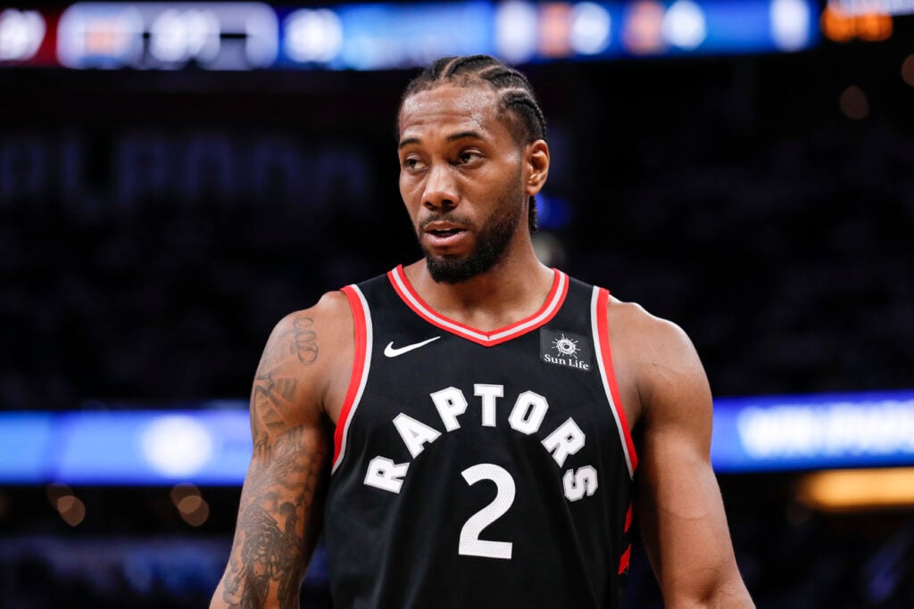 Kawhi Leonard #2 of the Toronto Raptors against the Orlando Magic during Game Three of the first round of the 2019 NBA Eastern Conference Playoffs at the Amway Center on April 19, 2019 in Orlando, Florida. The Raptors defeated the Magic 98 to 93.