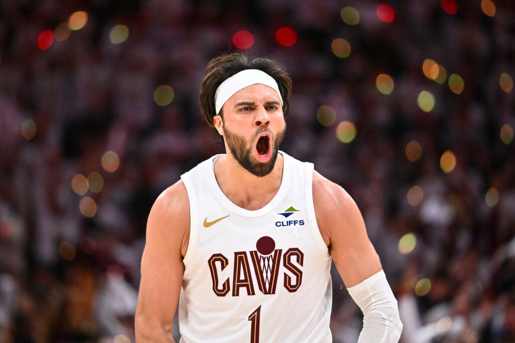 Max Strus #1 of the Cleveland Cavaliers reacts after scoring during the fourth quarter of game two of the Eastern Conference Semifinals against the Indiana Pacers