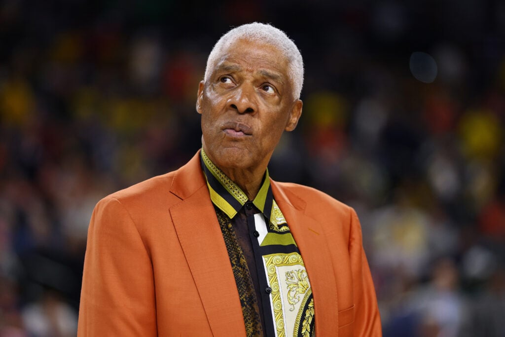 Julius Erving is recognized as a Naismith Hall of Fame Inductee before the Final Four of the 2026 NCAA Men's Basketball Tournament at Lucas Oil Stadium.