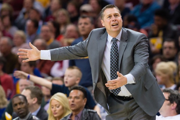 Head coach David Joerger of the Memphis Grizzlies argues a call during the second half against the Cleveland Cavaliers at Quicken Loans Arena on March 7, 2016 in Cleveland, Ohio. The Grizzlies defeated the Cavaliers 106-103. (Photo by Jason Miller/Getty Images)