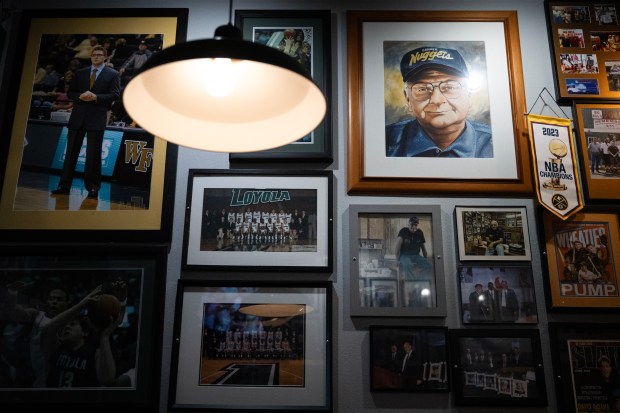 The walls are covered with basketball memorabilia during the annual 