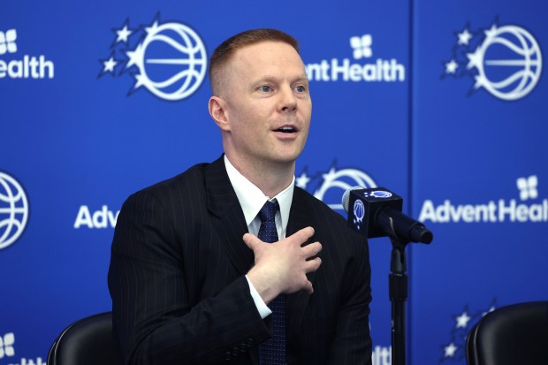 New Orlando Magic head coach Sean Sweeney speaks during a press conference at the Orlando Magic AdventHealth Training Center in Orlando on Thursday, June 18, 2026. Sweeney was introduced as the new head coach of the Magic. (Stephen M. Dowell/Orlando Sentinel)