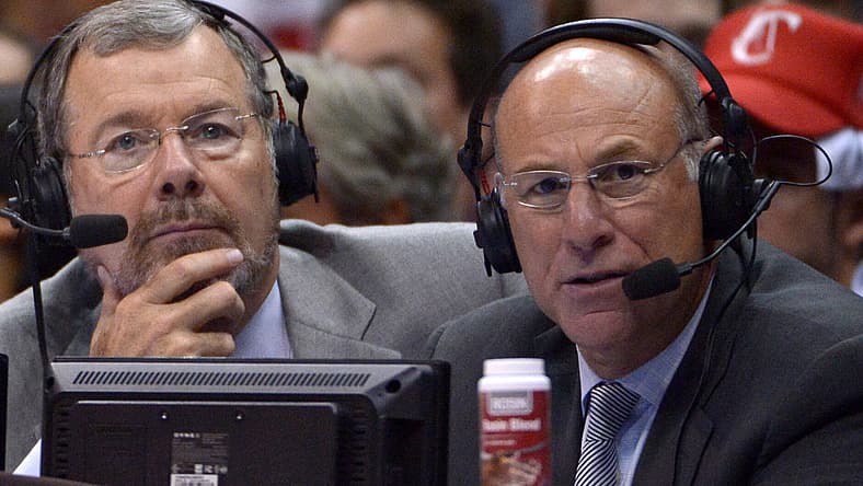 Kevin Calabro (right), new Minnesota Timberwolves TV play-by-play voice, with P.J. Carlesimo on ESPN Radio during a 2014 NBA Playoffs game between the Thunder and Clippers