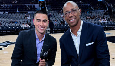 Jacob Tobey and Sean Elliott ahead of Tobey's first NBA broadcast with the Spurs in 2024.